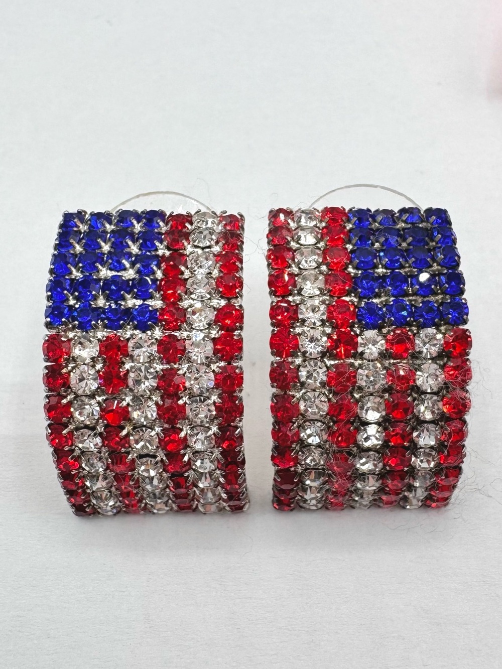 Vintage American Flag Rhinestone Half Hoop Earrings Patriotic 4th Of July USA